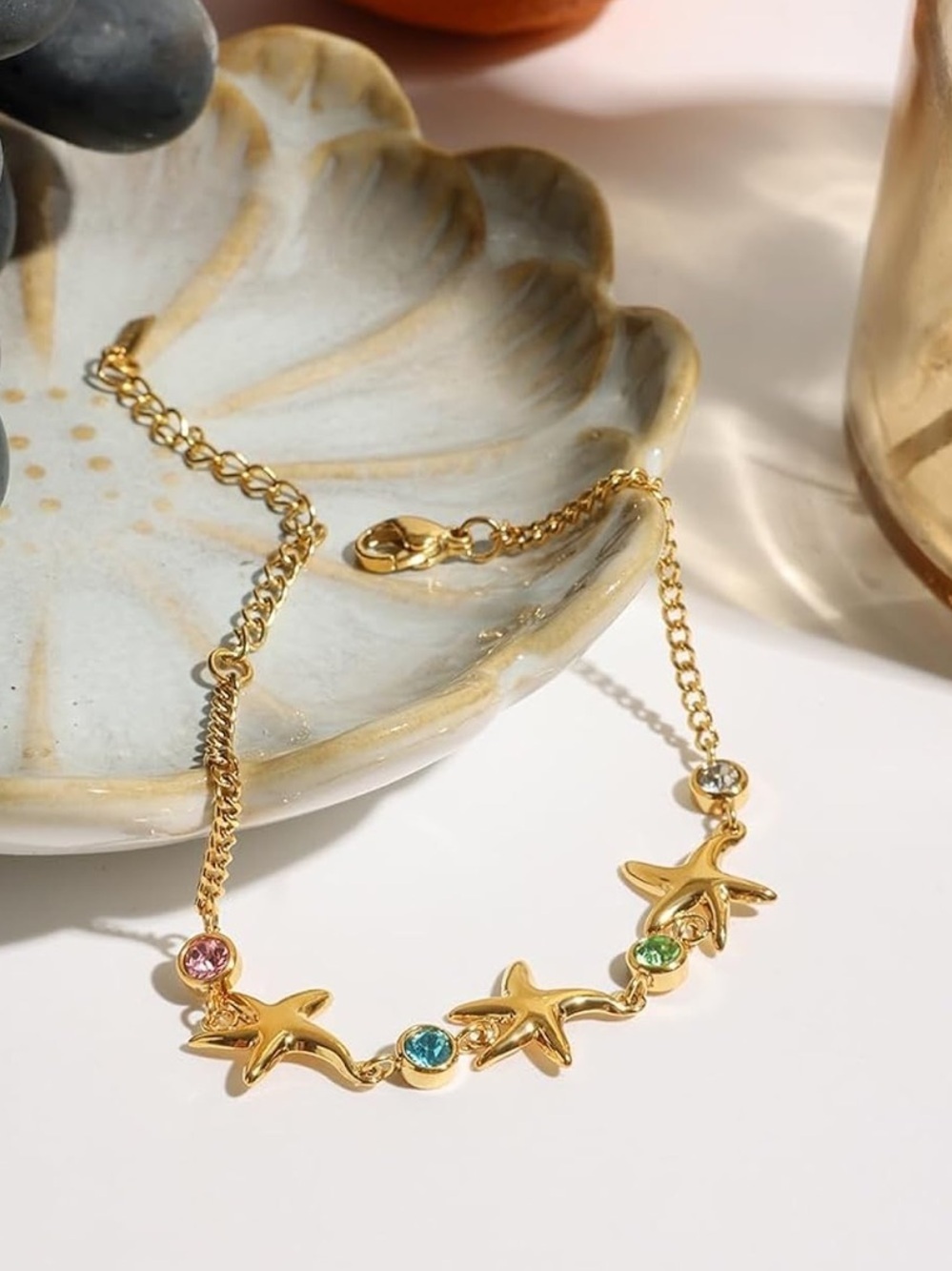 Anthropologie Gold Starfish Bracelet with Blue and Green Stones